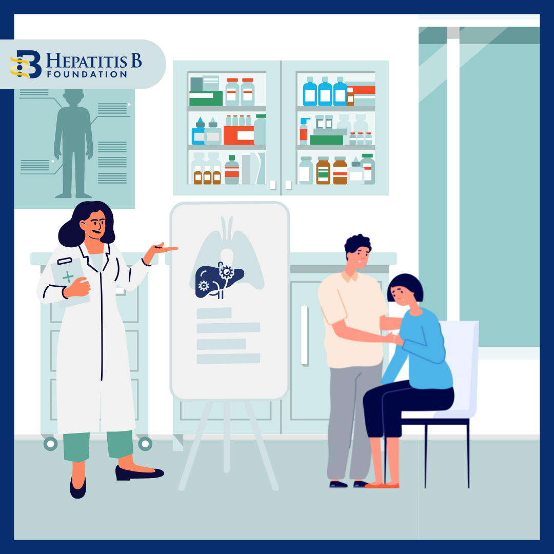 Inside a doctor's office. A doctor is showing information about the liver. A woman with hepatitis B sits with her husband. 